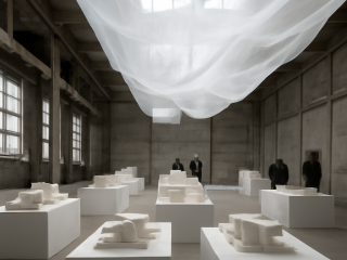 Architecture exhibition hall with models and installations
